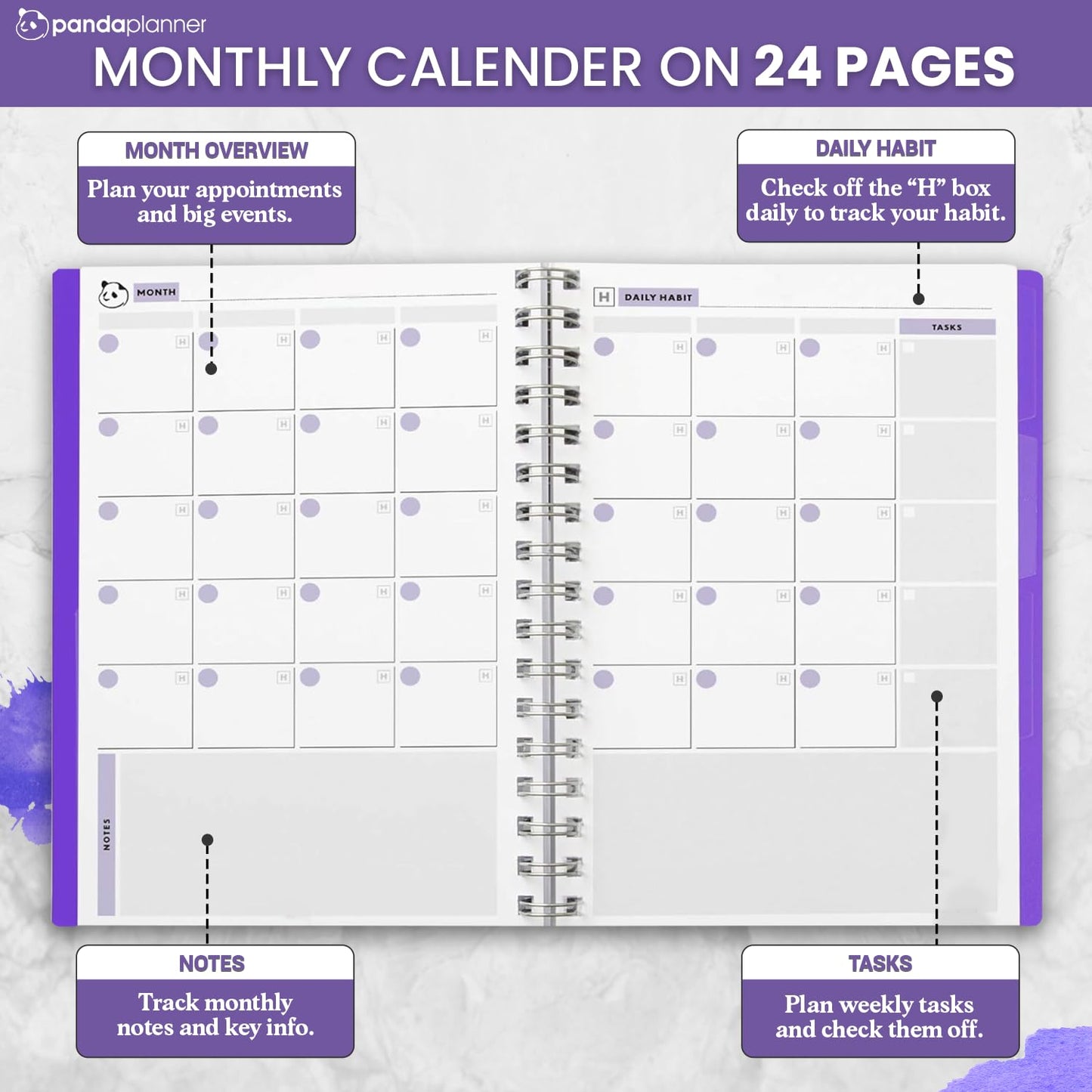 Panda Planner 2026 Undated Weekly Planner – Spiral Notebook 5.75" x 8.25" with 52 Weeks, Habit Tracker & Weekly To-Do Lists – Academic Planner & Productivity Organizer for Home, Office & School (Purple)