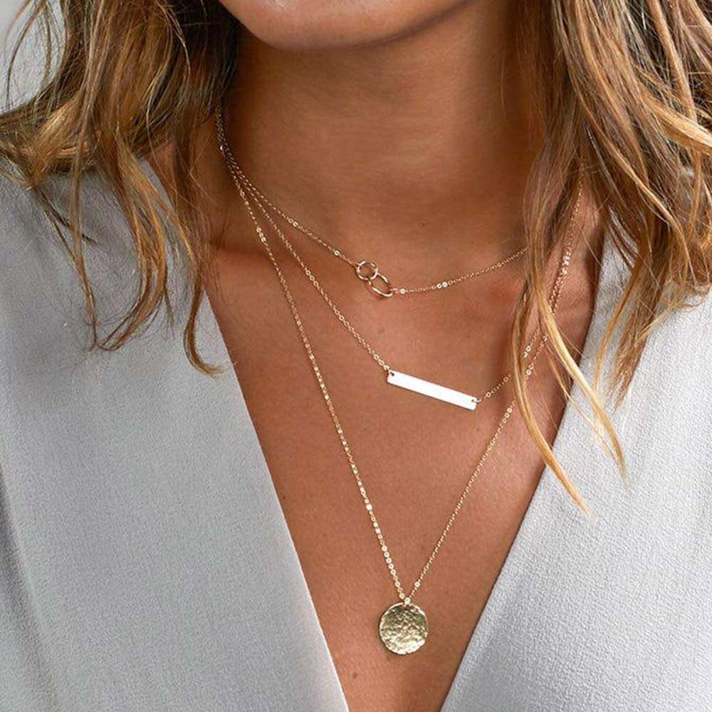 Turandoss Dainty Interlocking Circles Necklace Bar Hammered Disc Necklace Simple Jewelry Layered Choker Necklaces for Women