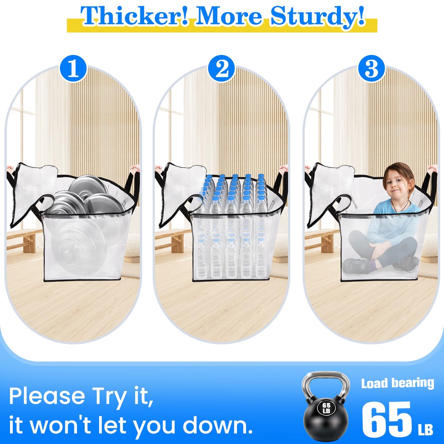 BlissTotes 4-Pack Large Moving Bags with Backpack Straps & Strong Zippers, Heavy-Duty Storage Bags Moving Boxes for Space Saving, Dorms, Transport, 125L-30 Gallons, Clear