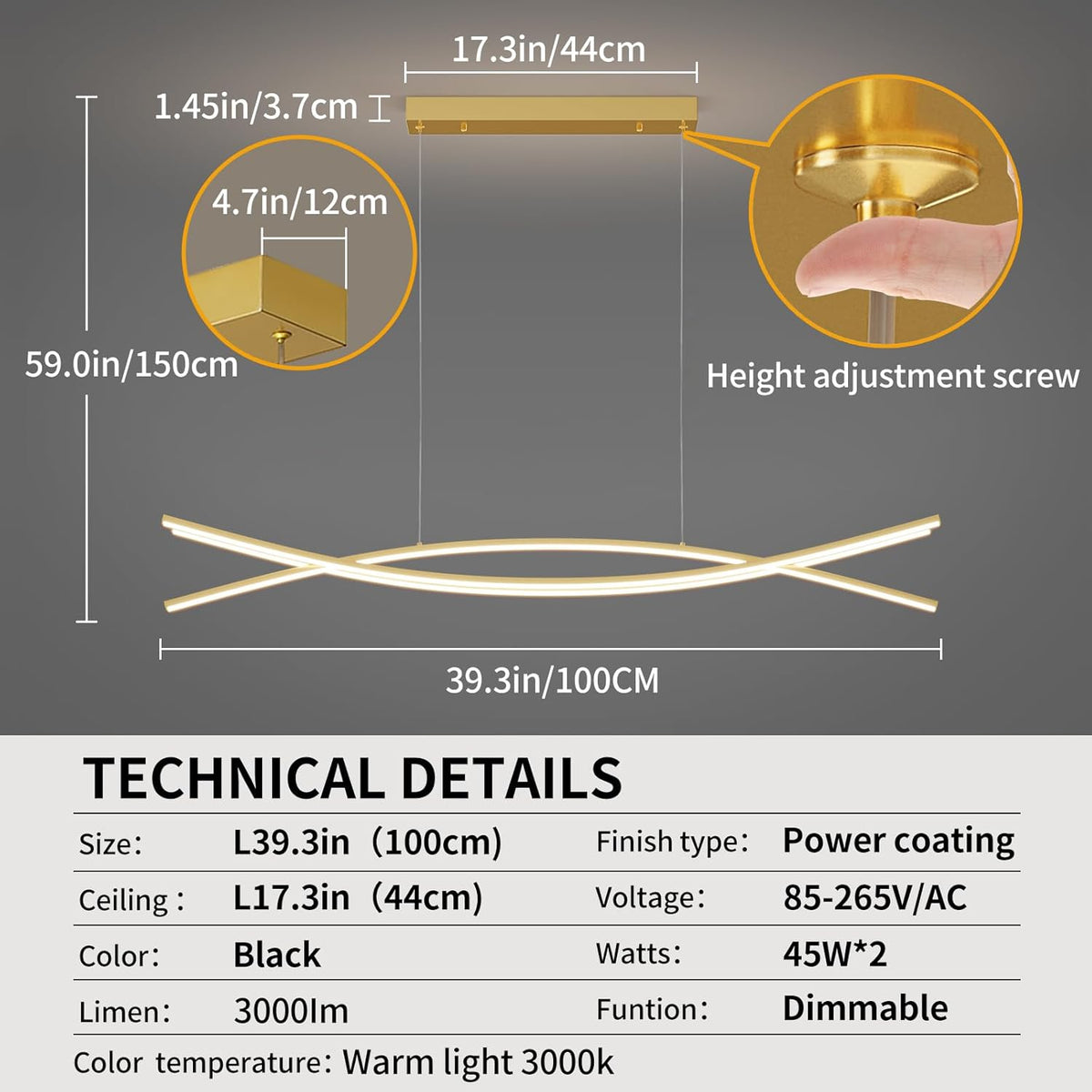 Modern Chandelier, Linear Pendant Light LED Dimmable Hanging Light Fixture, 3000K-6000K with Remote Control (Gold, 47IN)