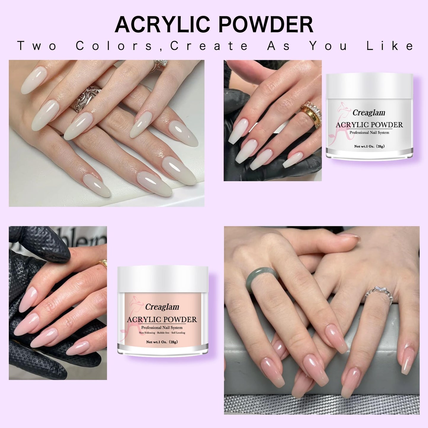 Creaglam Acrylic Nail Kit for Beginners: 3 Colors 28g Nude Clear White Acrylic Nail Powder Professional Gel Glue - 1Oz Large Capacity Acrylic False Set witn 60ml Liquid and Brush Nail Forms Tools