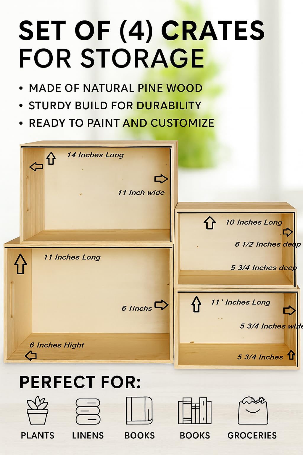 Oojami Unfinished Wooden Crates 4 Pack for Storage & Display Nesting Wood Boxes with Handles, Organizer Bins for Crafts, Decor, Farmhouse, Kitchen, Pantry - Pine