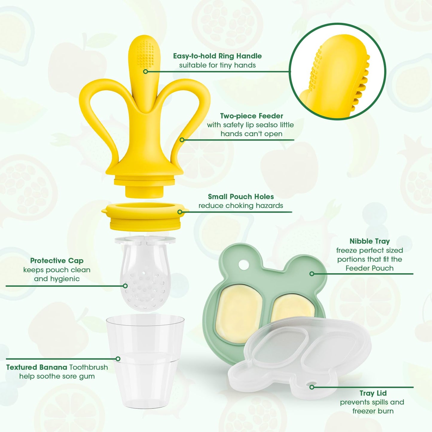 JEXFUN Baby Fruit Feeder & Breastmilk Popsicle Mold Set, Silicone Food Feeder Pacifier for Cooling Relief with 3 Replaceable Pouches, BPA-Free Teething Toy for Safe Infant Self Feeding (Banana Yellow)