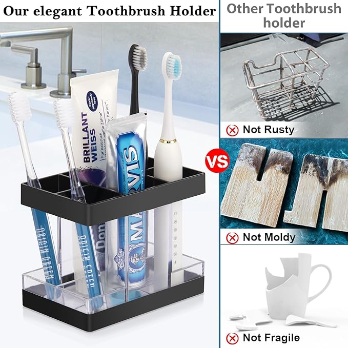 Toothbrush Holders for Bathrooms Countertop Organizer - Electric Toothbrush Holder Set, 5 Slots Toothbrush and Toothpaste Holder, Makeup Brush Storage Caddy for Family Kids (Black)