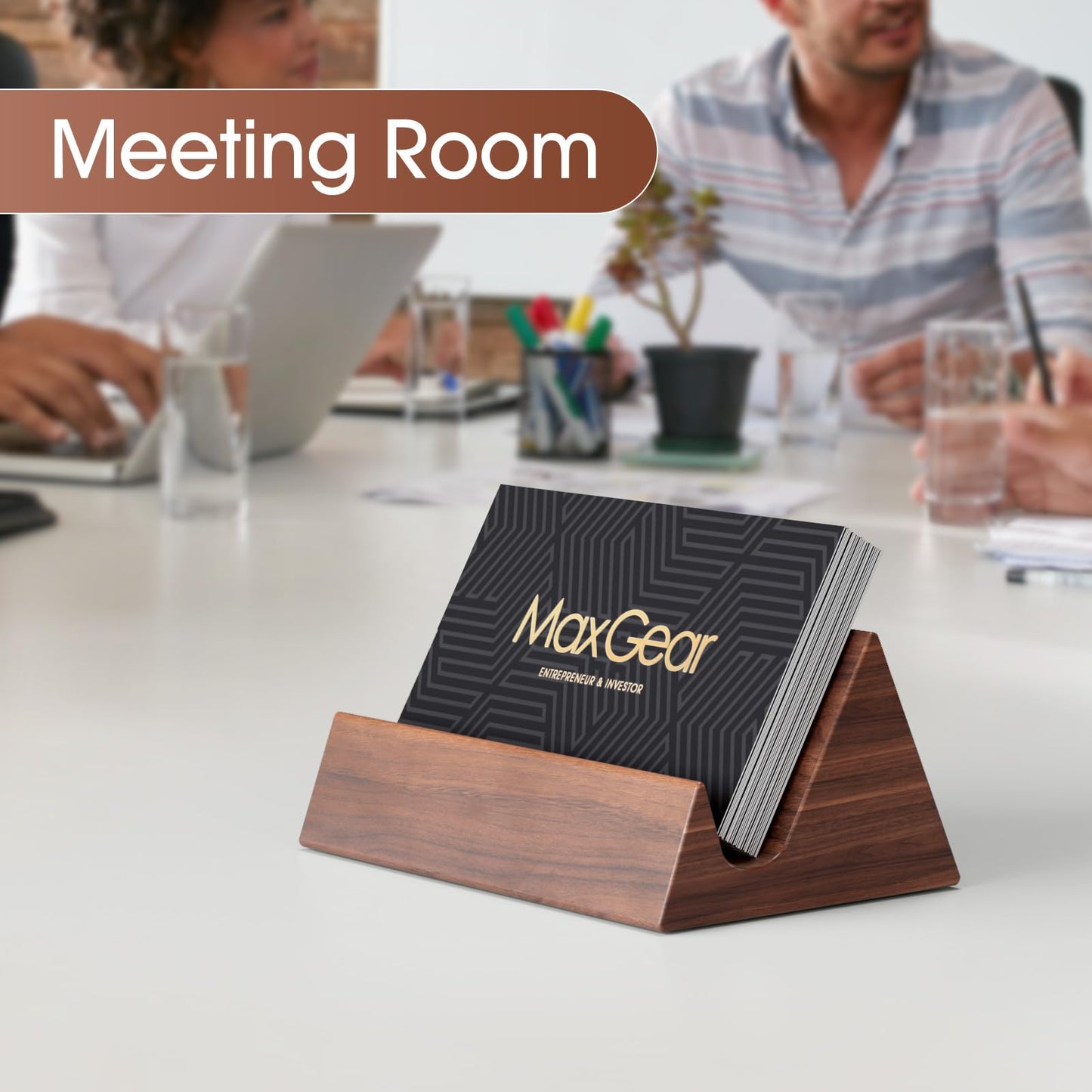 MaxGear Walnut Wood Business Card Holder, Wooden Desk Organizer for Storing & Displaying Business Cards, Elegant Mountain Design with Non-Slip Base for Office