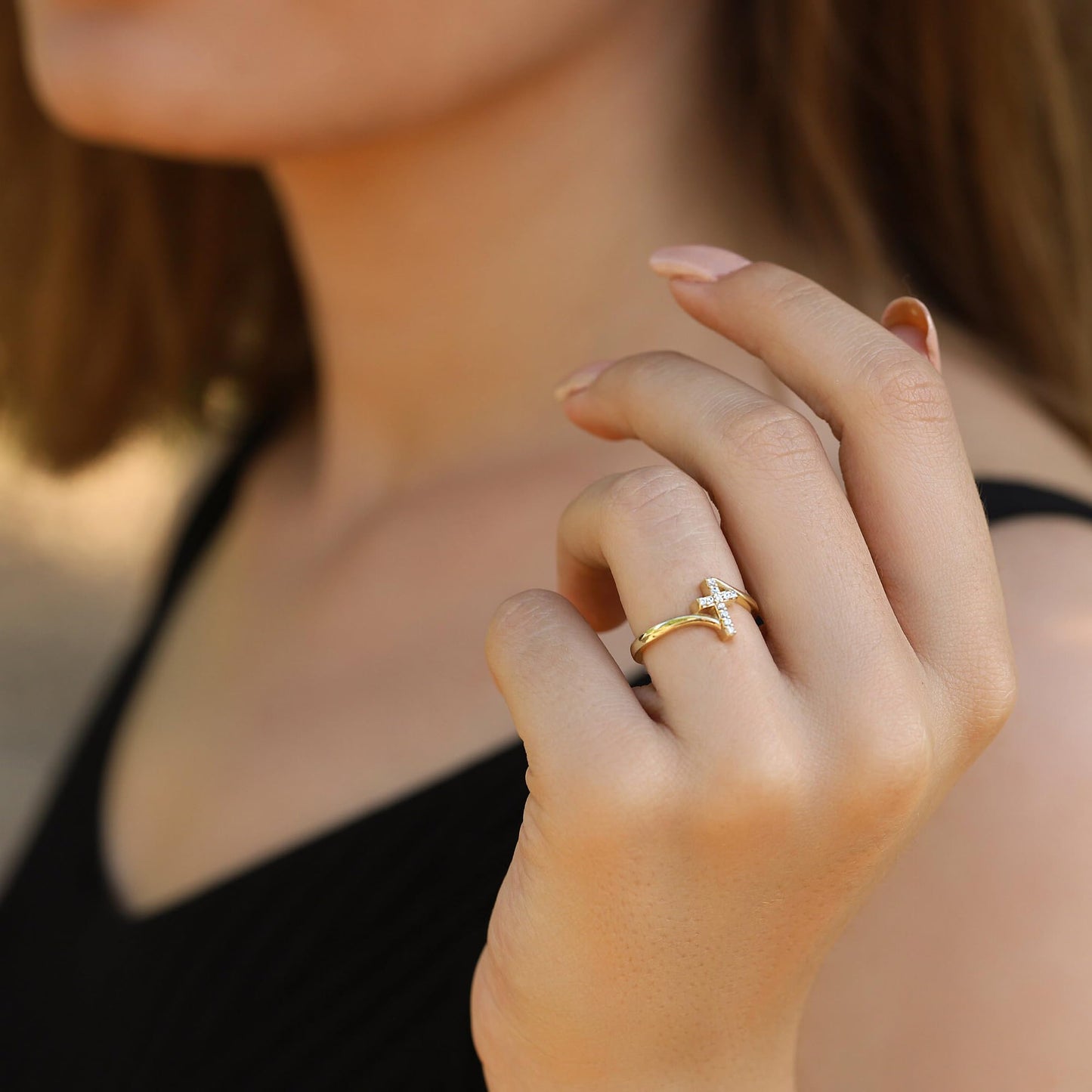 Punhem Gold Cross Statement Rings for Women 14K Gold Silver Tone Non Tarnish Cute Band High Polished Smooth Comfort Fit Size 5-10