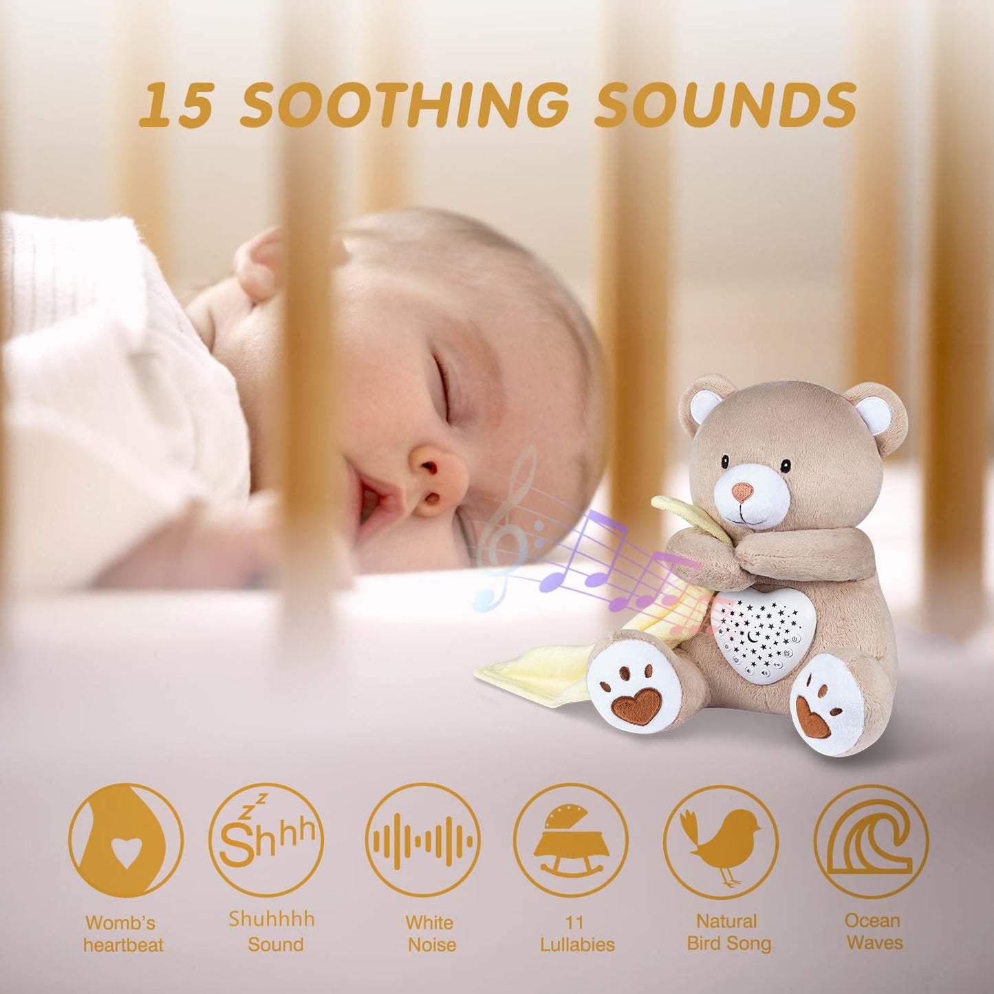 BEREST Baby Sleep Solutions Bundle: A13 White Noise Machine (15 Soothing Sounds, Cry Sensor) & Rechargeable Sleep Soother Bear (Mom's Heartbeat, Lullabies) with Night Light Projector for Nursery | Bab