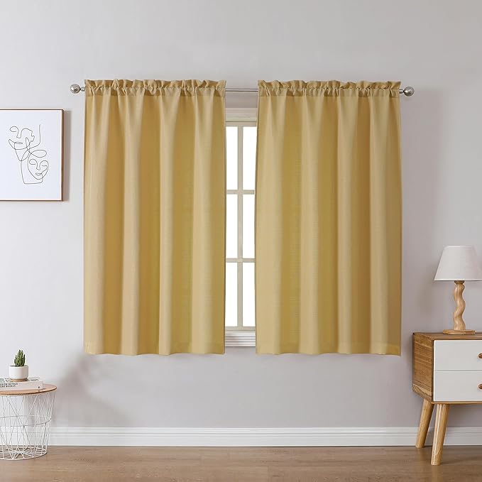 Chyhomenyc Gold Curtains 45 Inch Length 2 Panels, Faux Linen Textured Semi Sheer Light Filtering Soft Airy Rod Pocket Window Treatment Drapes for Living Room Bedroom, Each 30" Wx45 L