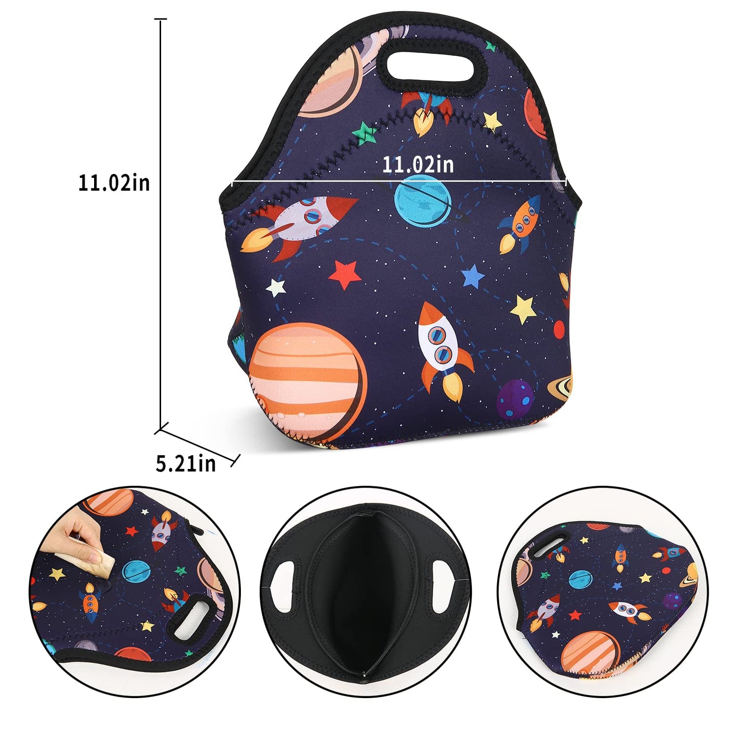 Violet Mist Women's Reusable Neoprene Lunch Bag, Space Rocket, Unisex, 11.4"L x 10.43"H x 5.51"W, 8.7 inches, fits containers up to 7"W