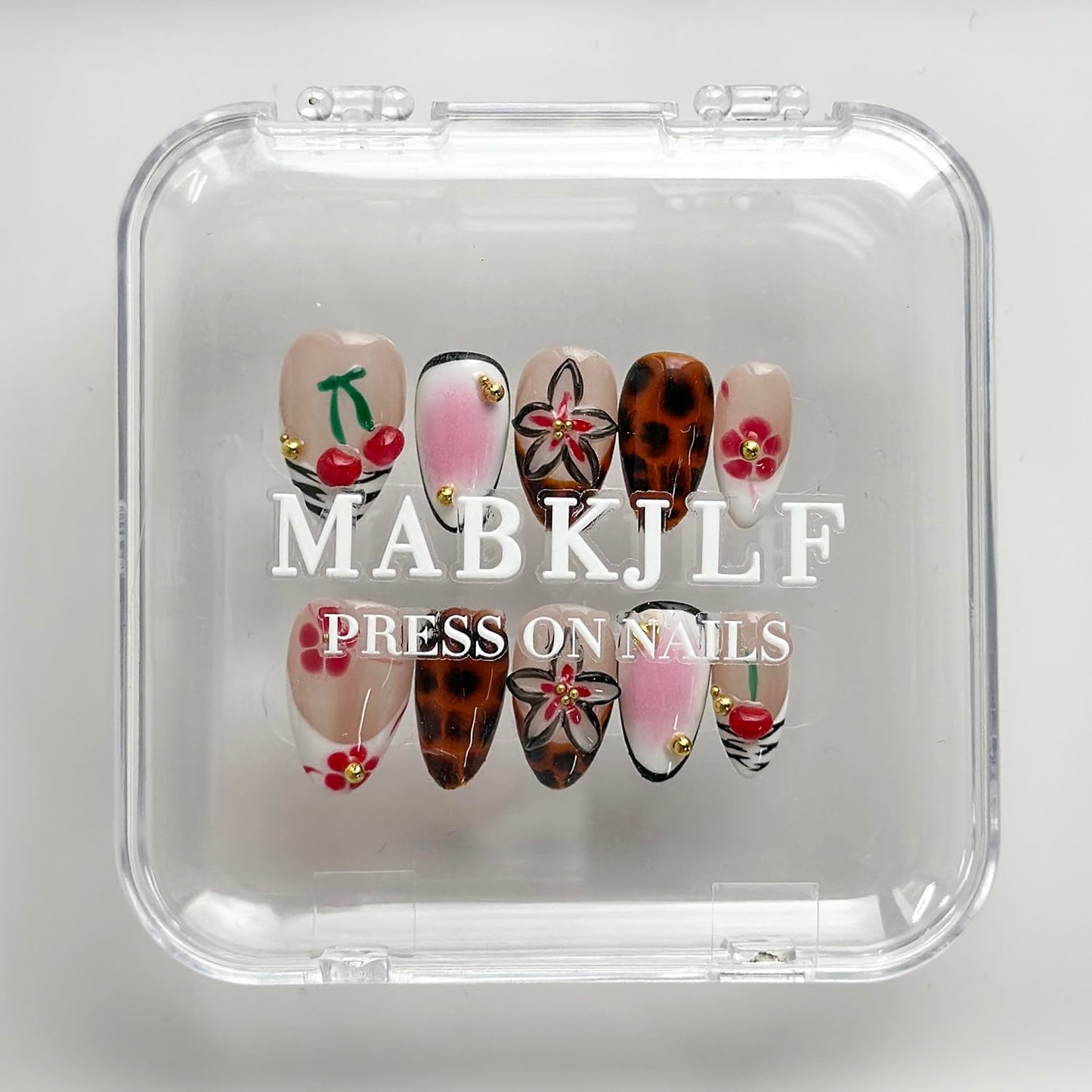 Luxury Press on Nails Short Almond Handmade 3D Unique Reusable ABS Material Fake Nails French Tip False Nails with Designs Flower Leopard Print Fall Glossy Glue on Nail Thick Acrylic Nail(M)