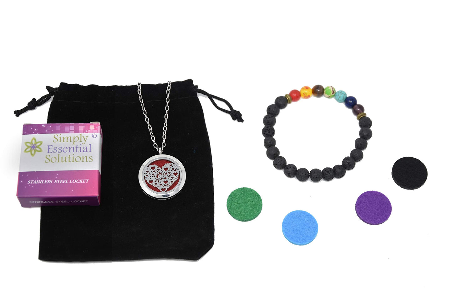 Aromatherapy Essential Oil Diffuser Stainless Steel 30MM Silver Magnetic Locket Pendant 2 Sizes Chain Necklace, Refill Pads & Diffuser Bracelet in a Velvet Bag (Loveheart)