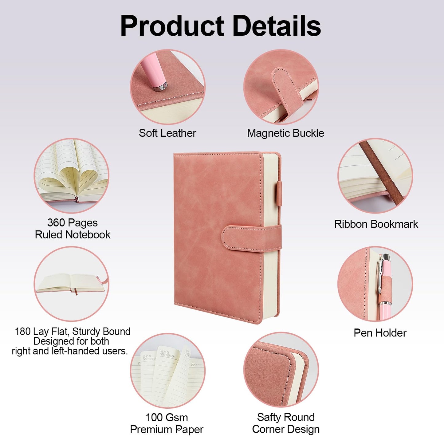 Ciyanwcx Leather Notebook Gift Set - A5 Hardcover Journal with Pen & 6 Heart Bookmarks, Gift Box + Bag (Pink)
