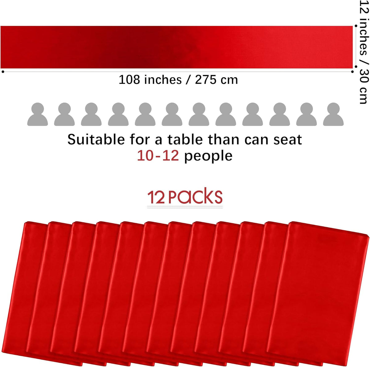 Aneco 12 Pack Satin Table Runner 12 x 108 Inch Red Long Wedding Satin Silk Table Runner for Wedding Banquet Graduations Birthday Party Decoration