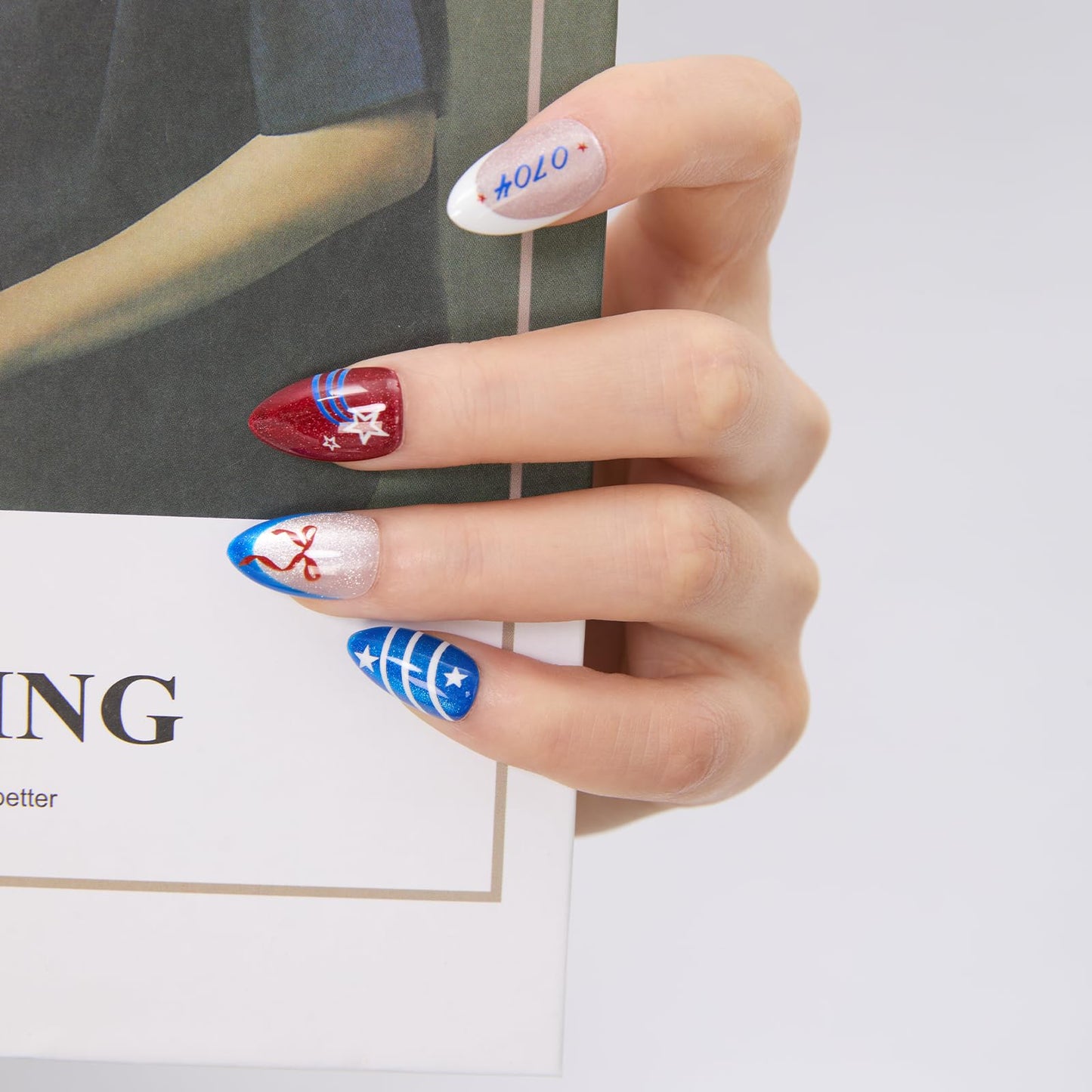 SKUPHI 4th of July Press On Nails, Short Almond Cat Eye Pearl Gloss Finish, Salon Quality Handmade Reusable Stick On False Nails 32 Nail Kit-16 Sizes