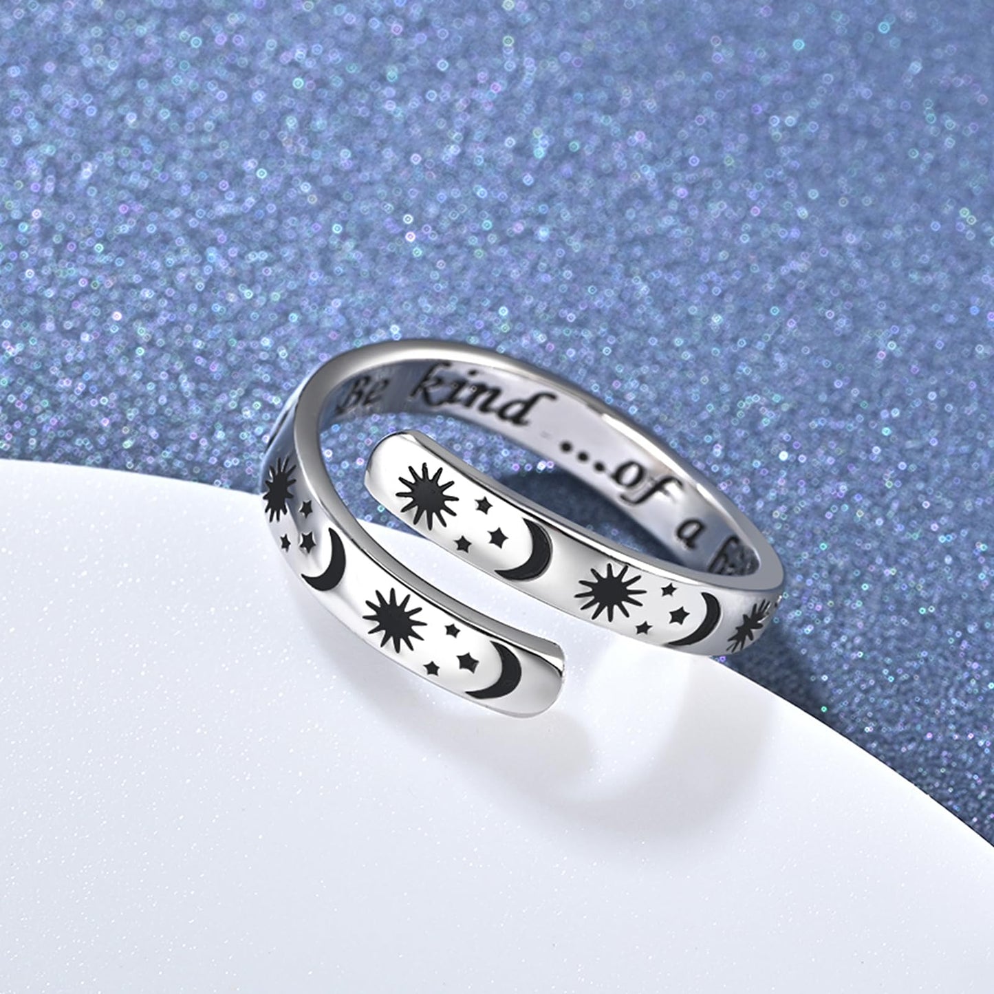 925 Sterling Silver Inspirational Jewelry Adjustable Wrap Open Ring Encouragement Gift for Women (Sun & Moon - Be kind ...of a b*tch)