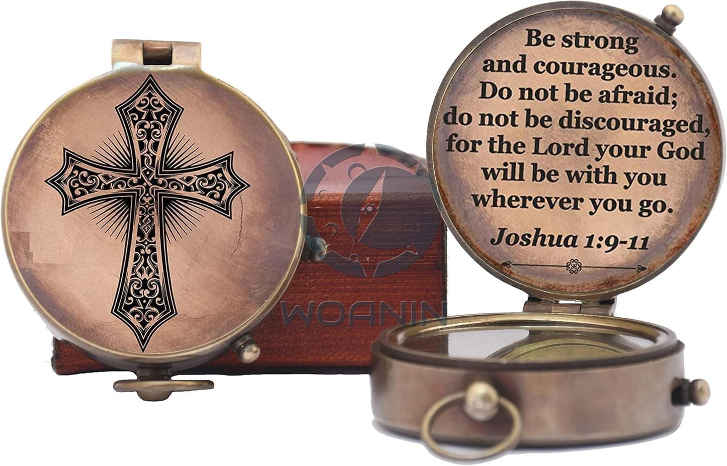 Baptism Gift Personalized Keepsake Compass Engraved Cross and Be Strong and Courageous, Confirmation Gift Ideas, Gift of Faith. Missionary (Antique with Wooden Box)