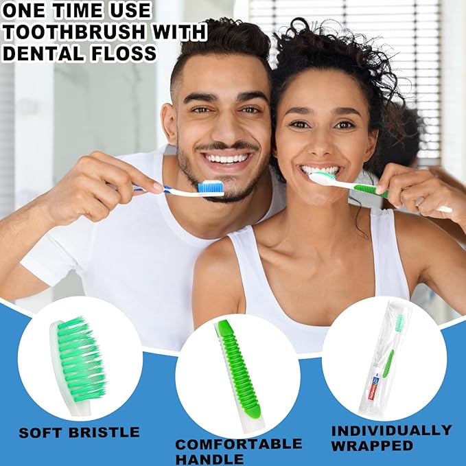 Disposable Toothbrushes with Toothpaste and Floss,50pcs Single Use Individually Wrapped Disposable Travel Toothbrushes and Dental Floss Kit Bulk for Homeless,Airbnb,Dentist,Hotel(5 Colors)