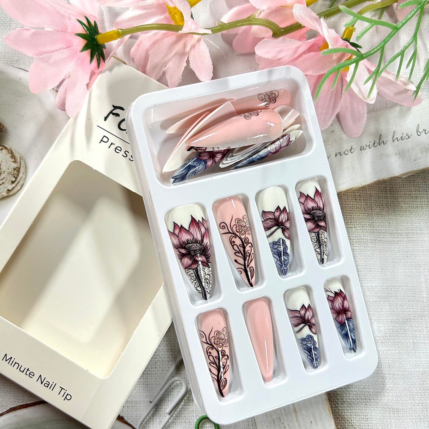 CJDLTS 24Pcs Flower Almond Tip Press on Nails Medium Length Lotus Pattern Design Full Cover Glossy Acrylic False Nail Nude Pink Artificial Stick on Nail Press Ons Blossom Glue on Nails for Women
