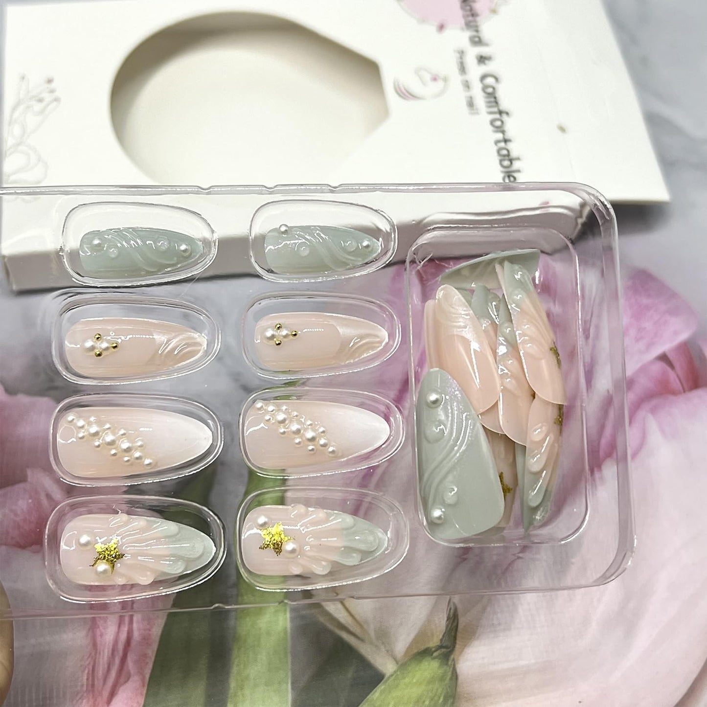 3D Star Pearl Press on Nails with French Tip False Nails Long Almond Artificial Glue on Nail Glossy Reusable Acrylic Stick on Nail for Women