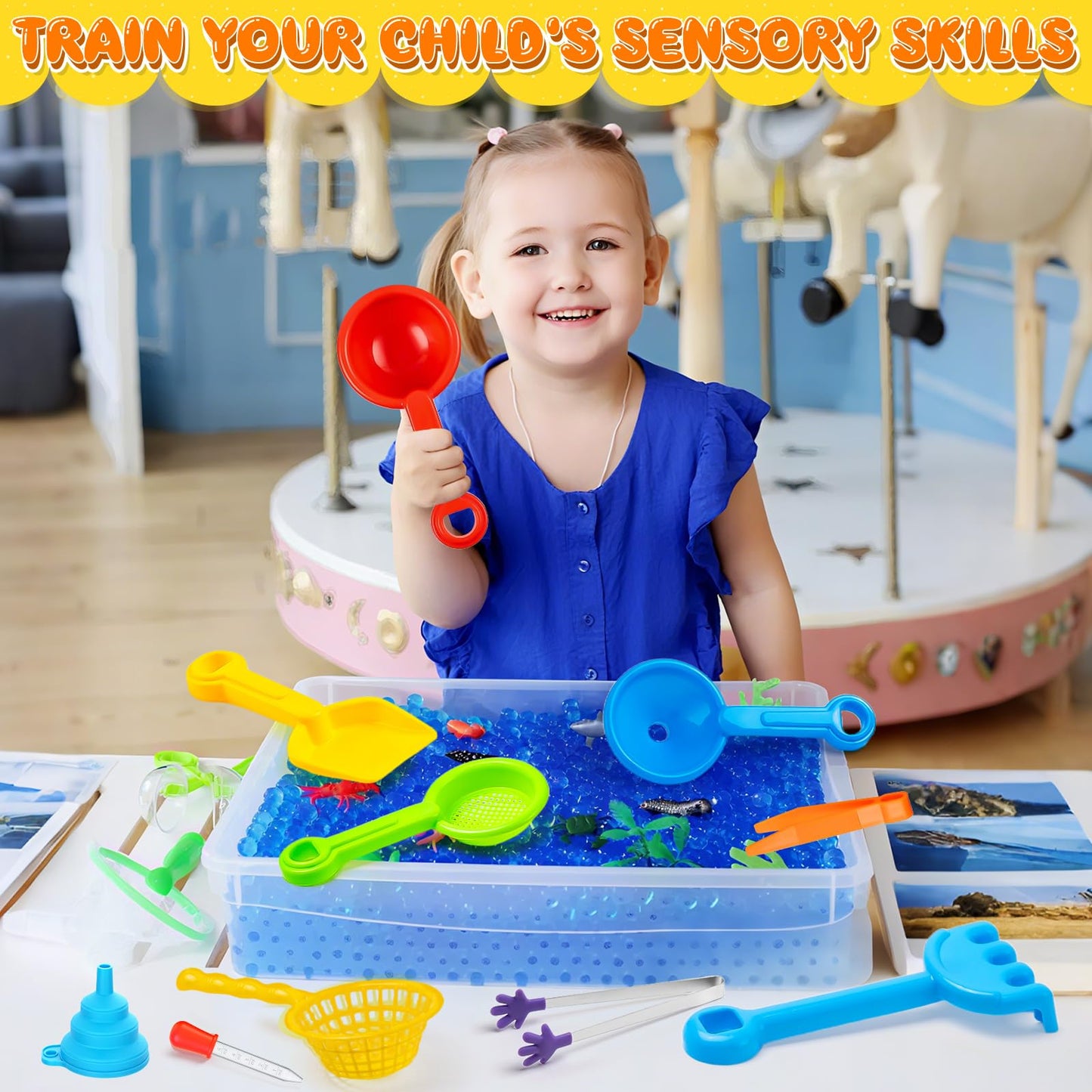 11 Pieces Sensory Bin Filler, Fine Motor Skills Handy Toys Set with 5 Scoops, Tweezers, Mini Silicone Tong, Scissors Clip, Dropper, Beach Shovels, Funnel, Sensory Bin Accessories Tools