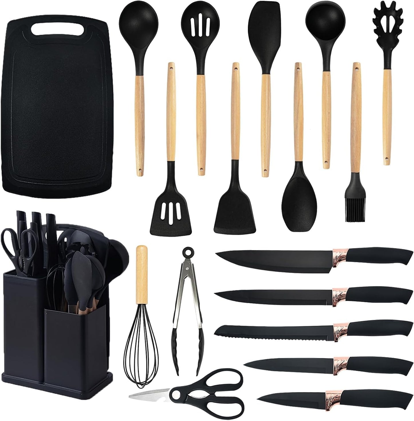 Kitchen Utensils Set & Knife Set with Block, 19 Piece All-in-One Cooking Set, 12 Nonstick Silicone Utensils + 5 Sharp Stainless Steel Chef Knives + Cutting Board, Dishwasher Safe Gift Set (Black)