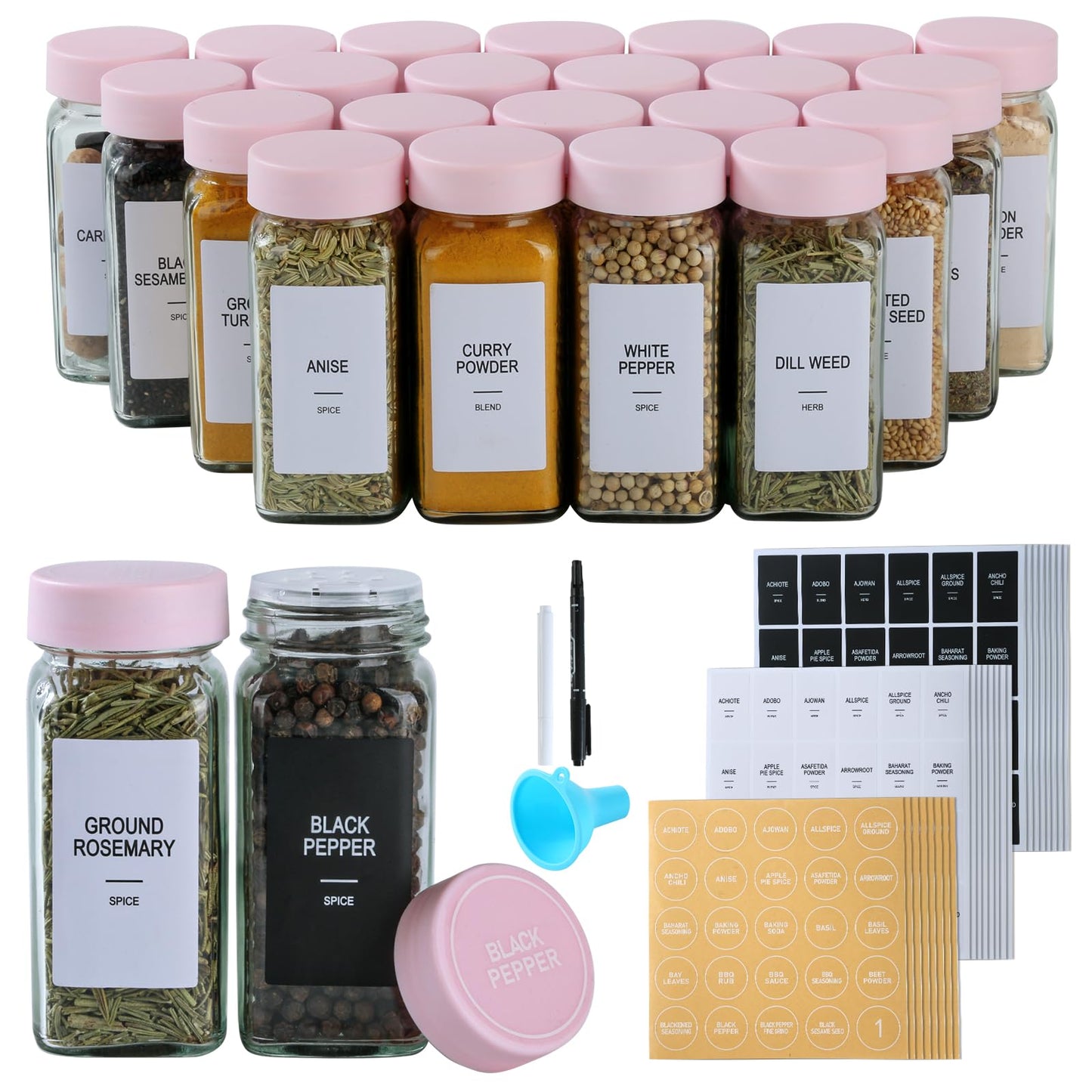 GMAMXD 24 Glass Spice Jars with Labels, Spice Jar Set, 4oz Seasoning Containers, Spice Containers with Pink Airtight Lids and Shaker Lids, Square Empty Spice Bottles, 492 Labels, 1 Funnel