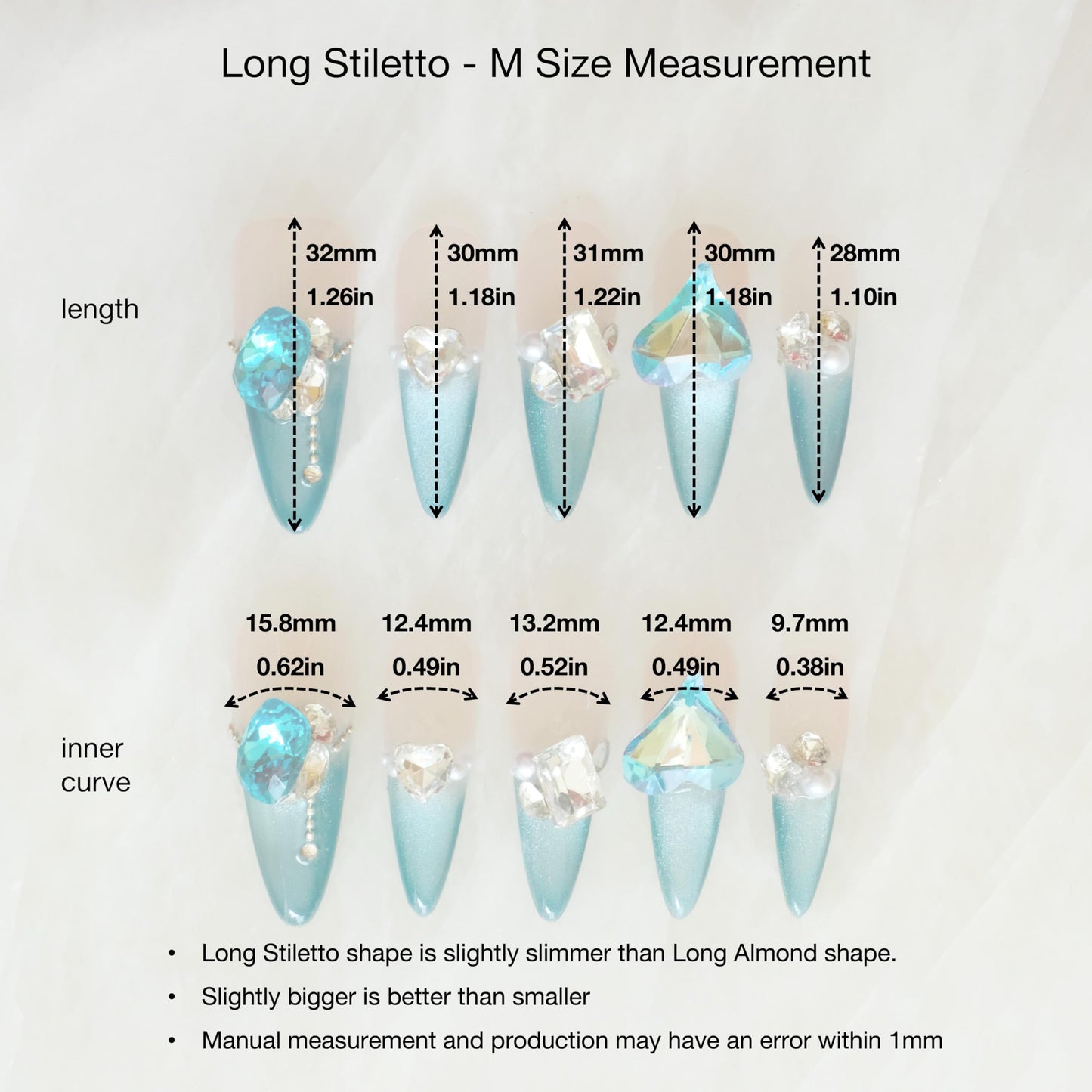 GLORS Luxury Long Stiletto Press-On Nails, Turquoise Blue Stiletto with 3D Crystals and Pearls, Handmade False Nail 10 Pieces (Medium, LS)