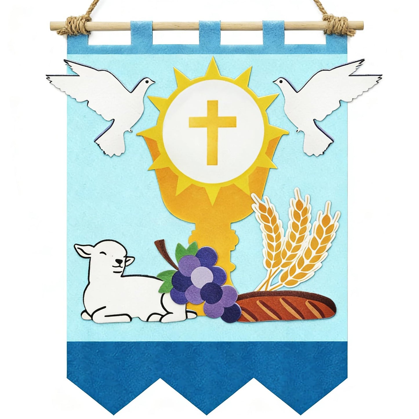 Zaruatu First Communion Banner Kit 11 x 15.74 Inch First Holy Communion Banner Kits Felt DIY Decor Set Include White Dove Communions Cup Lamb Grape Skewers for Church Sunday School (Blue)