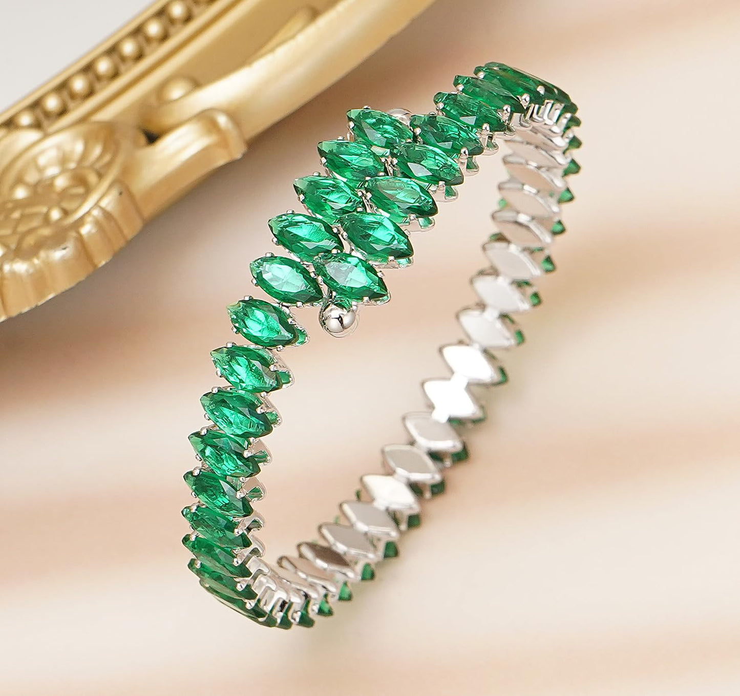 Wovanoo Rhinestone Cuff Bracelet Cubic Zirconia Tennis Bracelets Open Adjustable Elastic Bangle for Women Silver Green