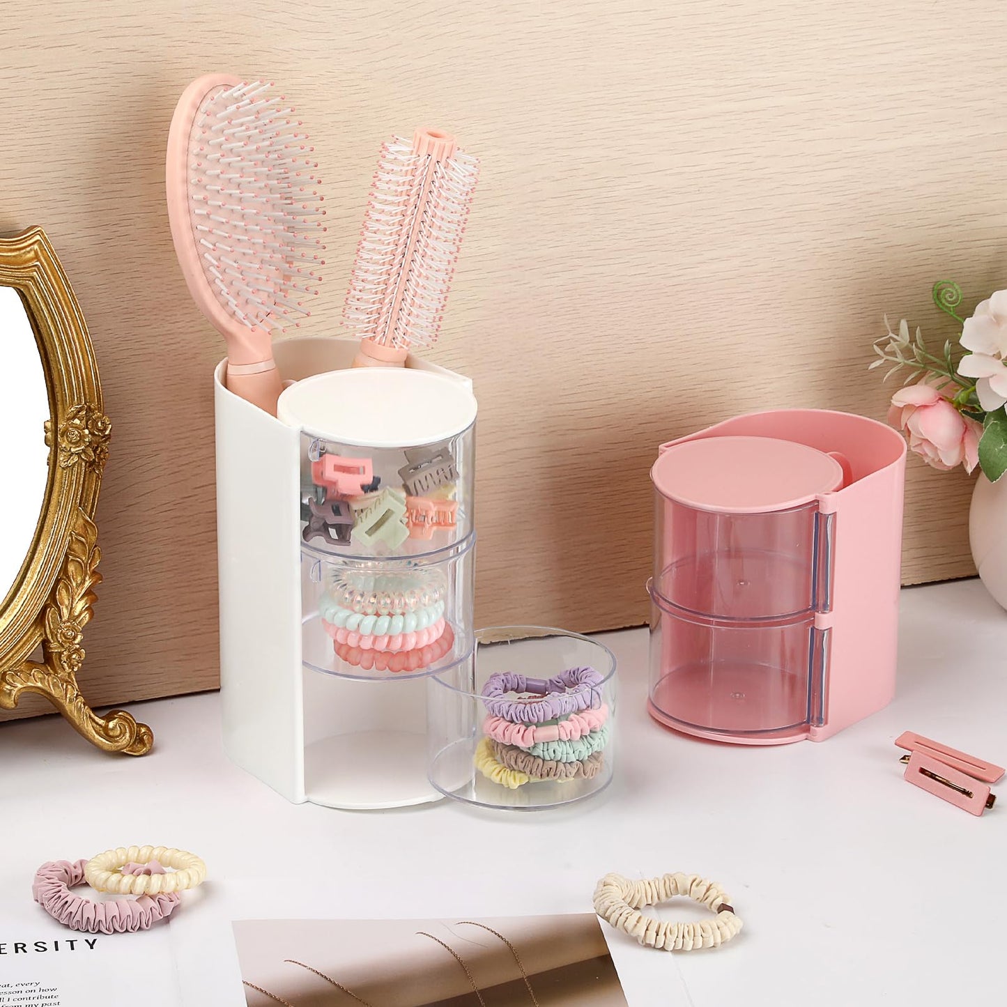 GUSHBIN Rotating Hair Accessories Organizer with Comb Holder Plastic Hair Clips Storage Container Cosmetic Storage Box for Makeup Sponge Brush, 3-Layer White