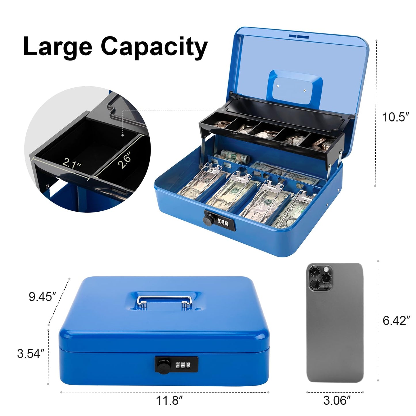 Jssmst Locking Metal Cash Box with Coin Lid, 11.8L x 9.5W x 3.5H Inches, Safe Money Box with Combination Lock, Blue, SM-CB0514BL