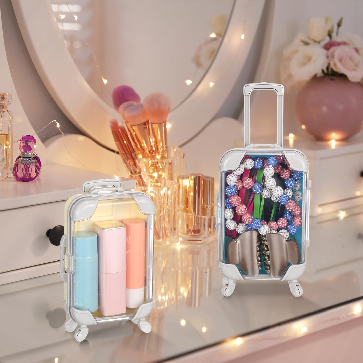 Honeydak 3 Pcs Mini Plastic Suitcase False Eyelashes Tray Luggage Trolley Candy Box Clear Suitcase Packaging Case Party Favor Box for Jewelry Cosmetic Hairpins Storage (Pastel Color,7 x 3.7 x 2 Inch)