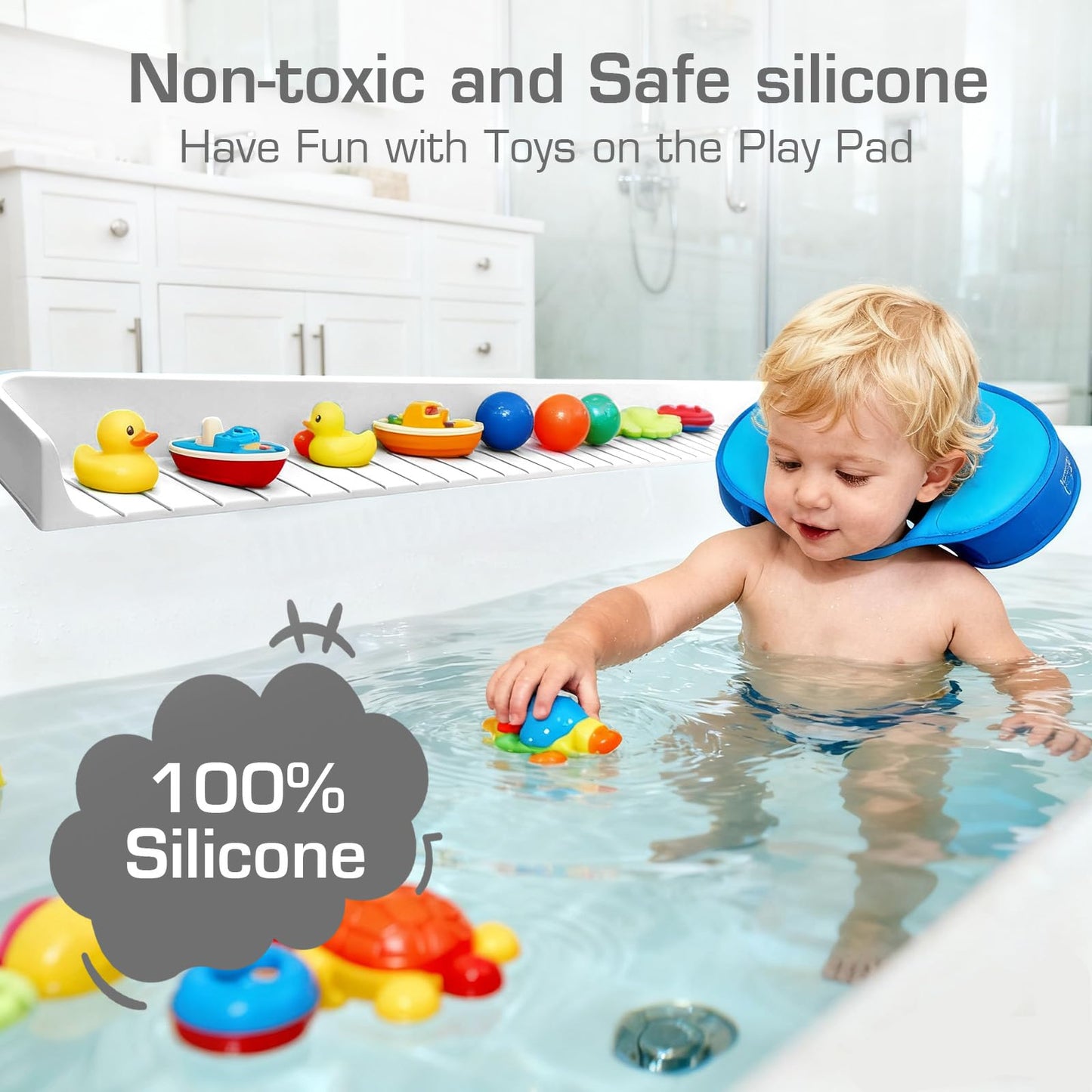 DubiLaka 31.5" Bathtub Splash Guard for Kids & Toddlers - Silicone Play Shelf & Toy Storage Tray with Strong Suction Cups to Prevent Water Spills, No-Leak Fun Bath Time - Tub Toy Holder Ledge,White