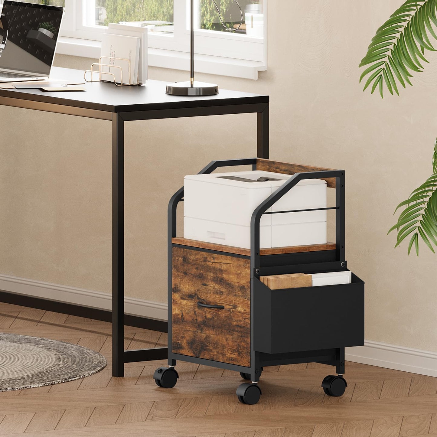 MAHANCRIS Small File Cabinet, Rolling Filing Cabinet for Under Desk with Divider, Single Non-Woven Fabric Drawer File Organizer for A4/Letter Size Documents, Under Desk Storage, Rustic Brown FCHR3001