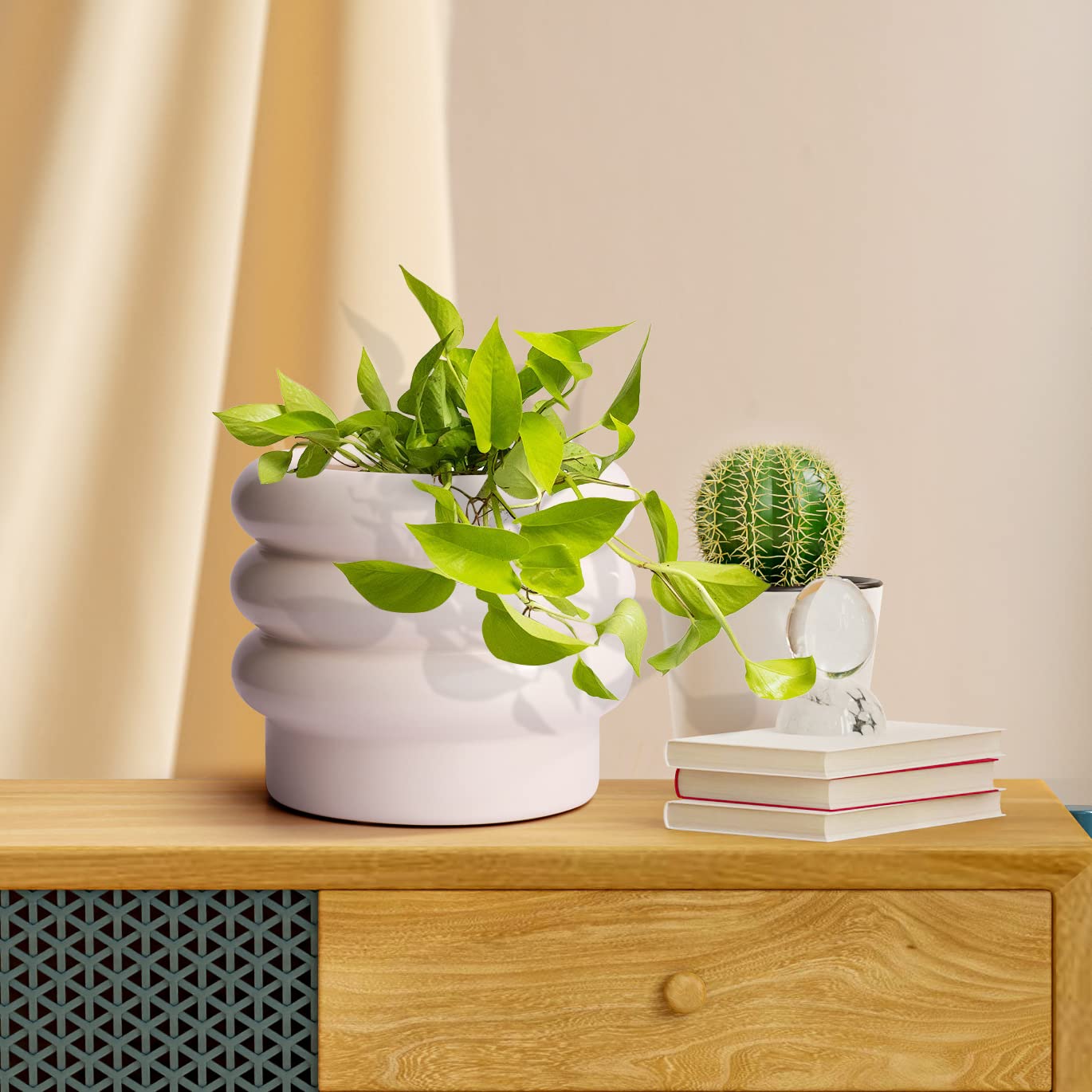 JOFAMY Tiered Bubble Ceramic Plant Pot, Creamy White 6 Inch Ceramic Planter with Drainage Holes, Flower Pot with Mesh Pad, Rubber Plugs, Plante Pots for Indoor Plants Outdoor, Modern Décor