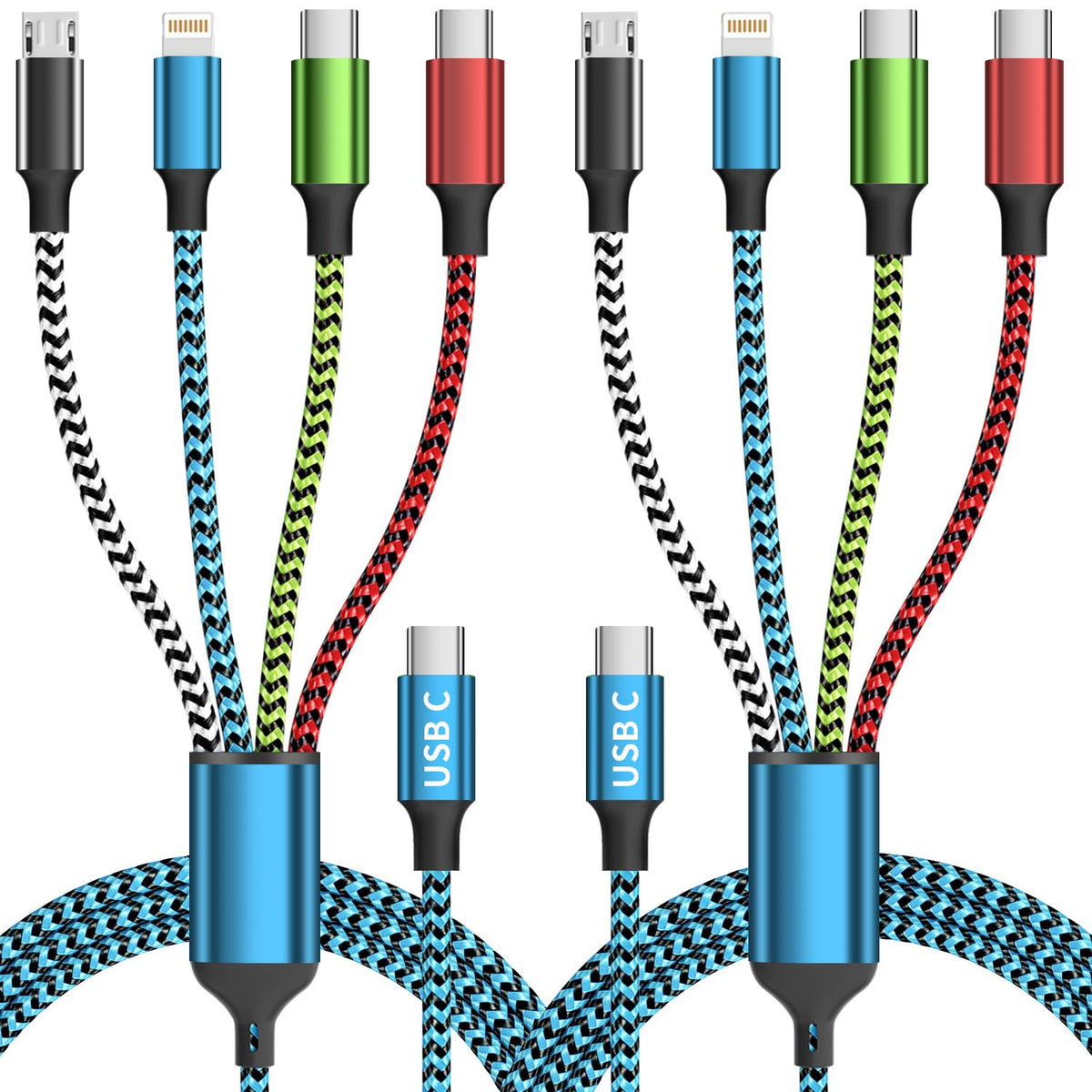 Travel Dual Type-C 4 in 1 Charging Cable, USB C Multi Charging Cable Multi Charging Cable for Multiple Devices, Phone Charging Cable Adapter 2 USB-C/IP/Micro Port for Phones Tablets Galaxy PS & More