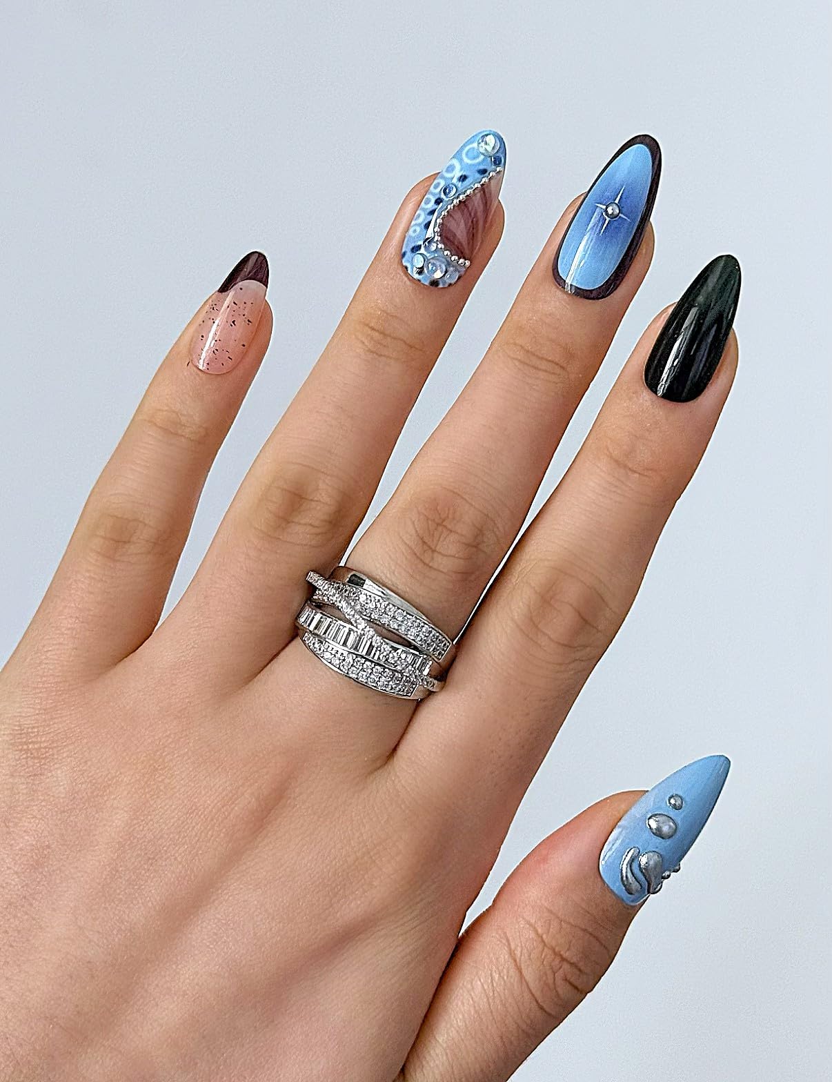 Black & Blue Press On Nails Medium Almond, Mixed Solid Colors with Rhinestone Accents, 24pcs Gel Nail Kit by Nailinism