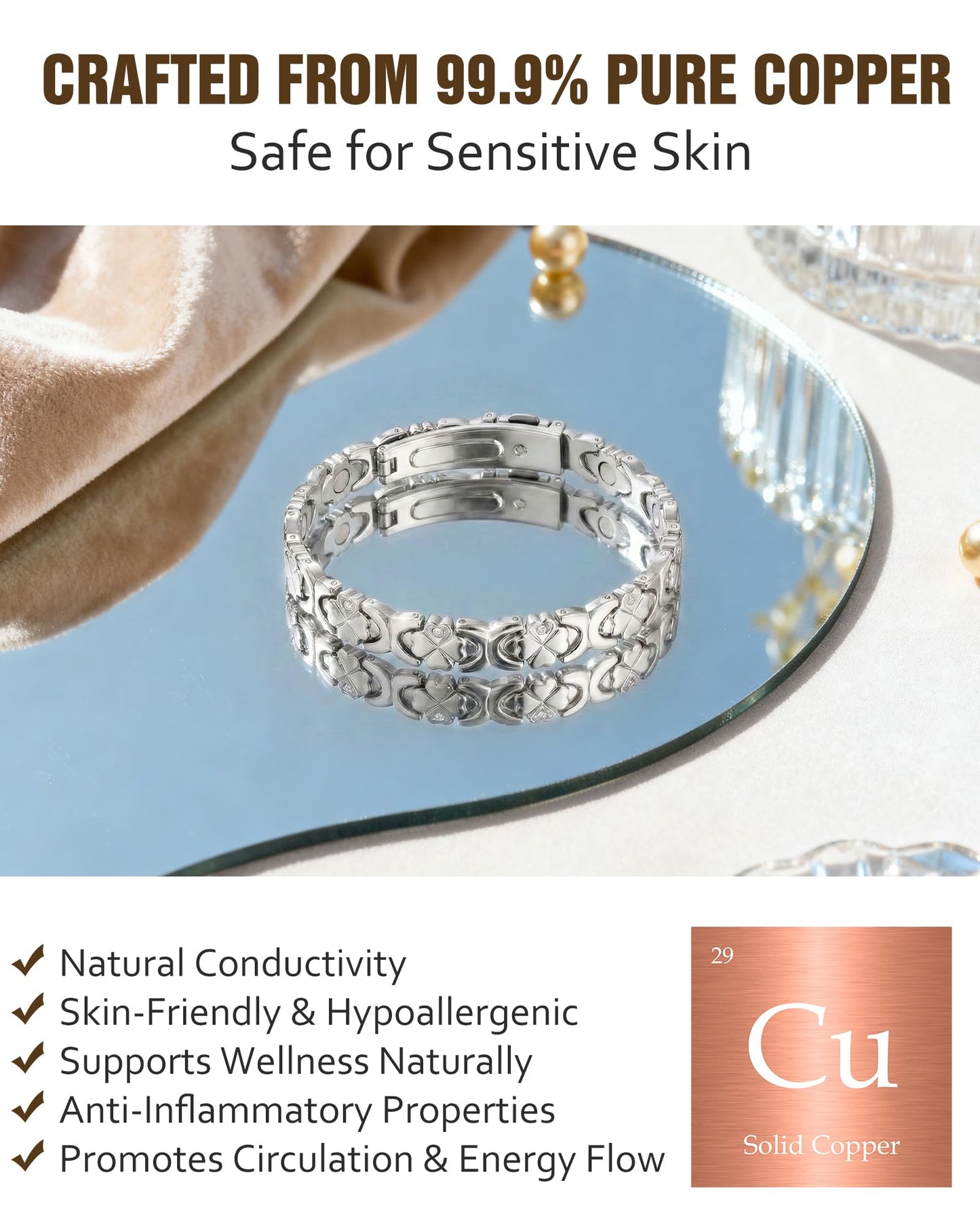 Jecanori Magnetic Copper Bracelet for Women — 3500 Gauss Magnets — Premium Fold-Over Clasp & Adjustable Length,Silver