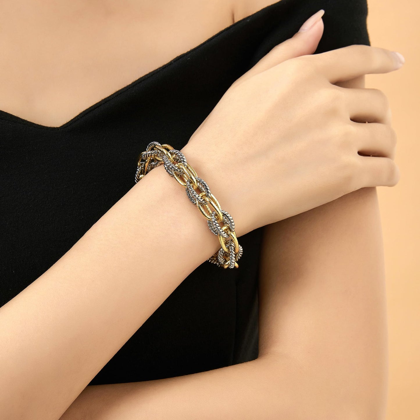 Mytys Link Bracelet for Women 2 tone Circles Chain Silver and Gold Wire Cable Bangle Designer Inspired Bracelets (Gold & Silver 6)