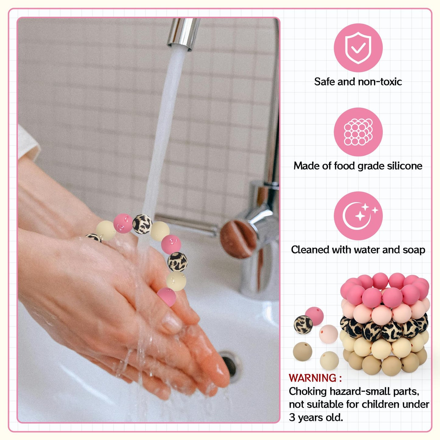 SALUOKE 100 Pcs 15mm Silicone Beads for Keychain Making, Pink Gream Silicone Beads Bulk Round for Bracelets Pens Crafts Jewelry Making (Pink Gream)
