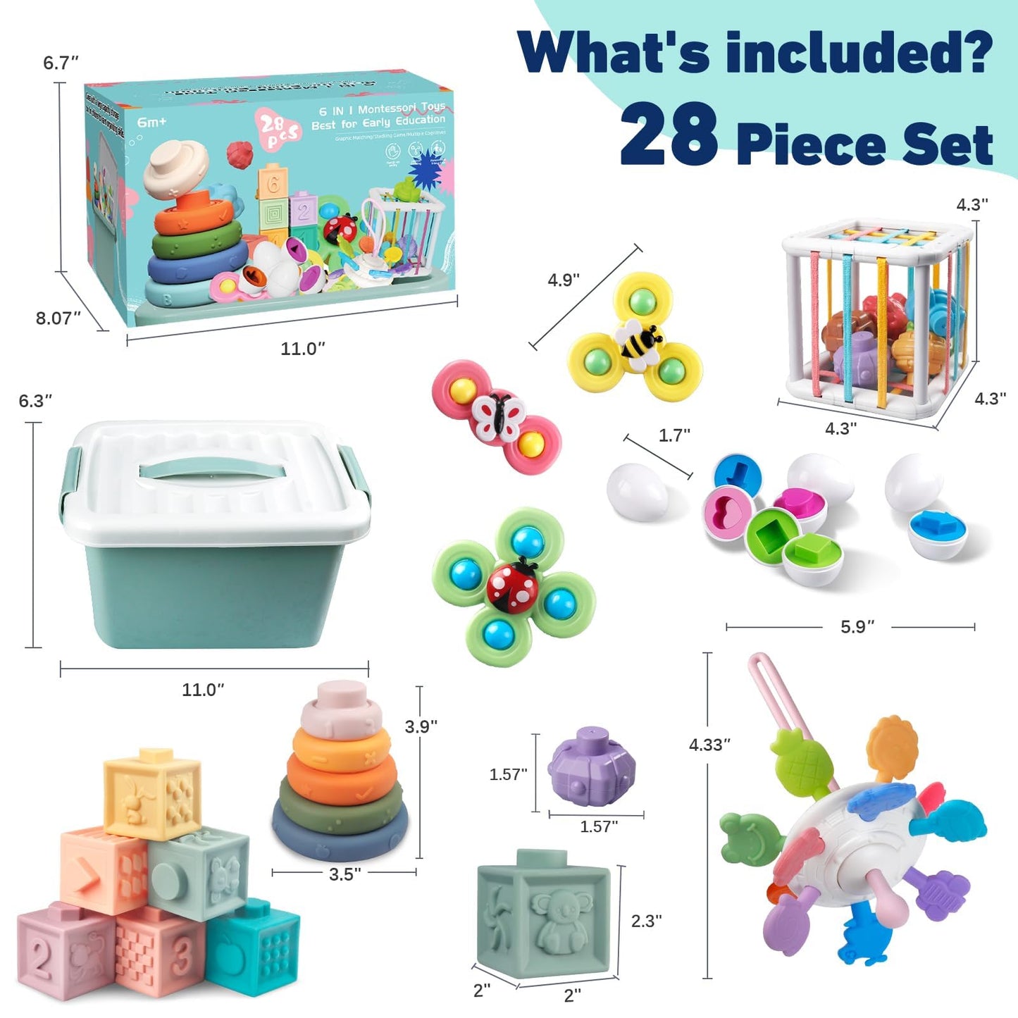 Plunack 6 in 1 Baby Toys 6 to 12 Months, Montessori Toy Infant Teething Babies Toy Stacking Blocks Rings Pull String Toy Sorter Sensory Bin