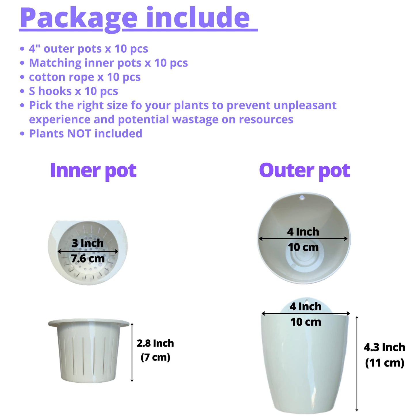 ShopLaLa Bundle - 4" White Self Watering Plastic Pots x 10 Pack + White Wooden Hanging Planter, Rustic Vertical Herb Garden Plant Holder Wall Mounted Modern Hydroponic Herb Pot LaLaGreen