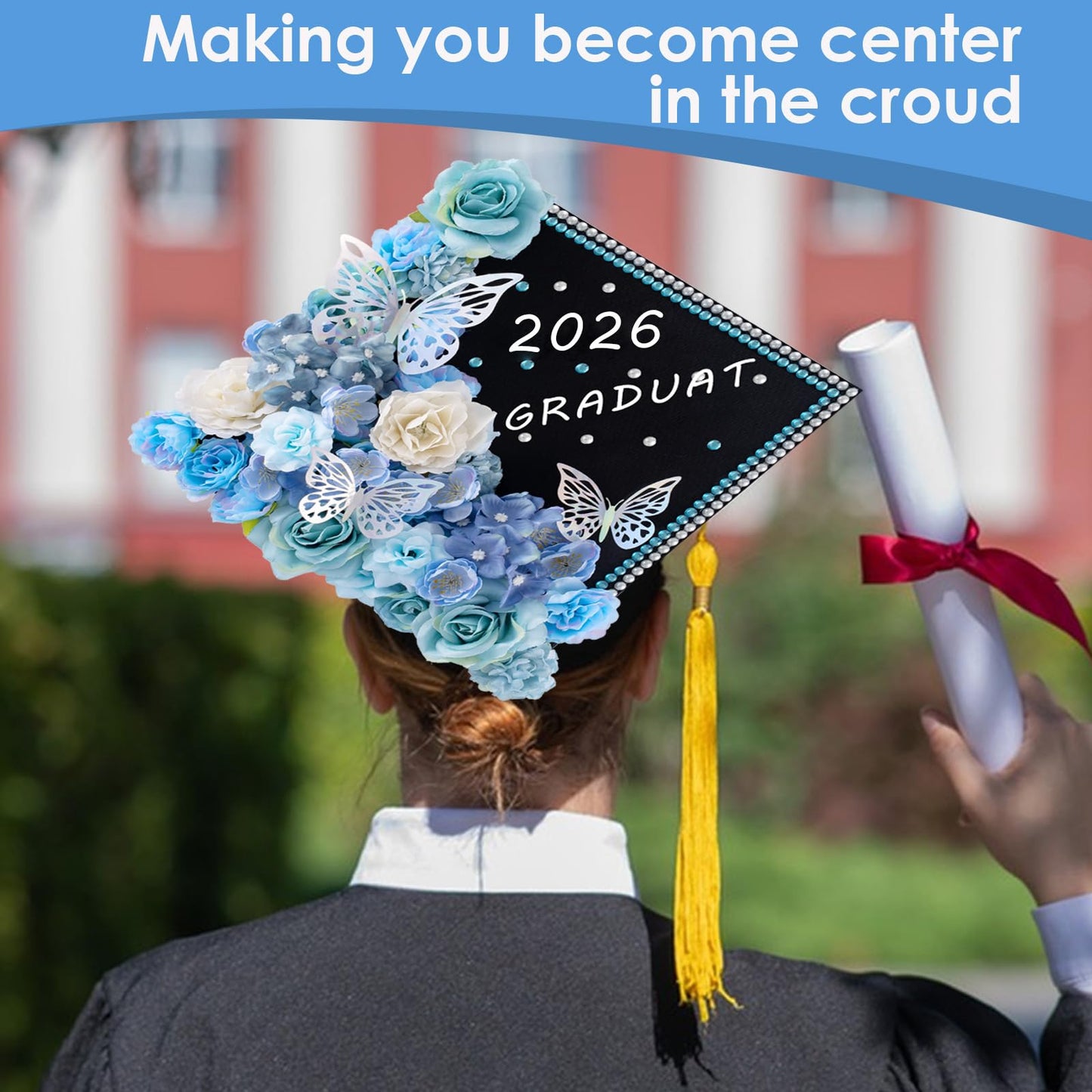 60 PCS Graduation Cap Decorations 2026Graduation Cap Decorations Kit 3DButterfly Stickers Graduation Cap Flowers DIY Graduation Cap Decorations Kit Graduation Party (Blue)