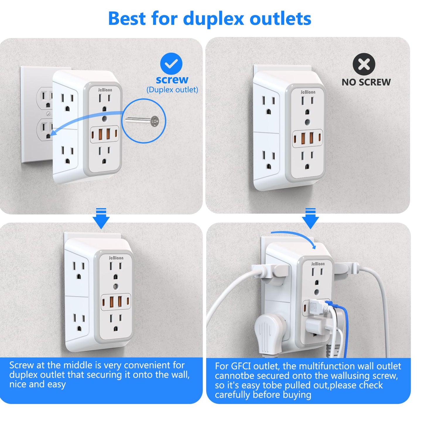 3 Pack Surge Protector Outlet Extender, 6 Outlet Splitter with 4 USB Ports (2 USB C), Multi Plug Wall Outlet 1050J Power Strip, USB Wall Charger for Home Office Kitchen Travel