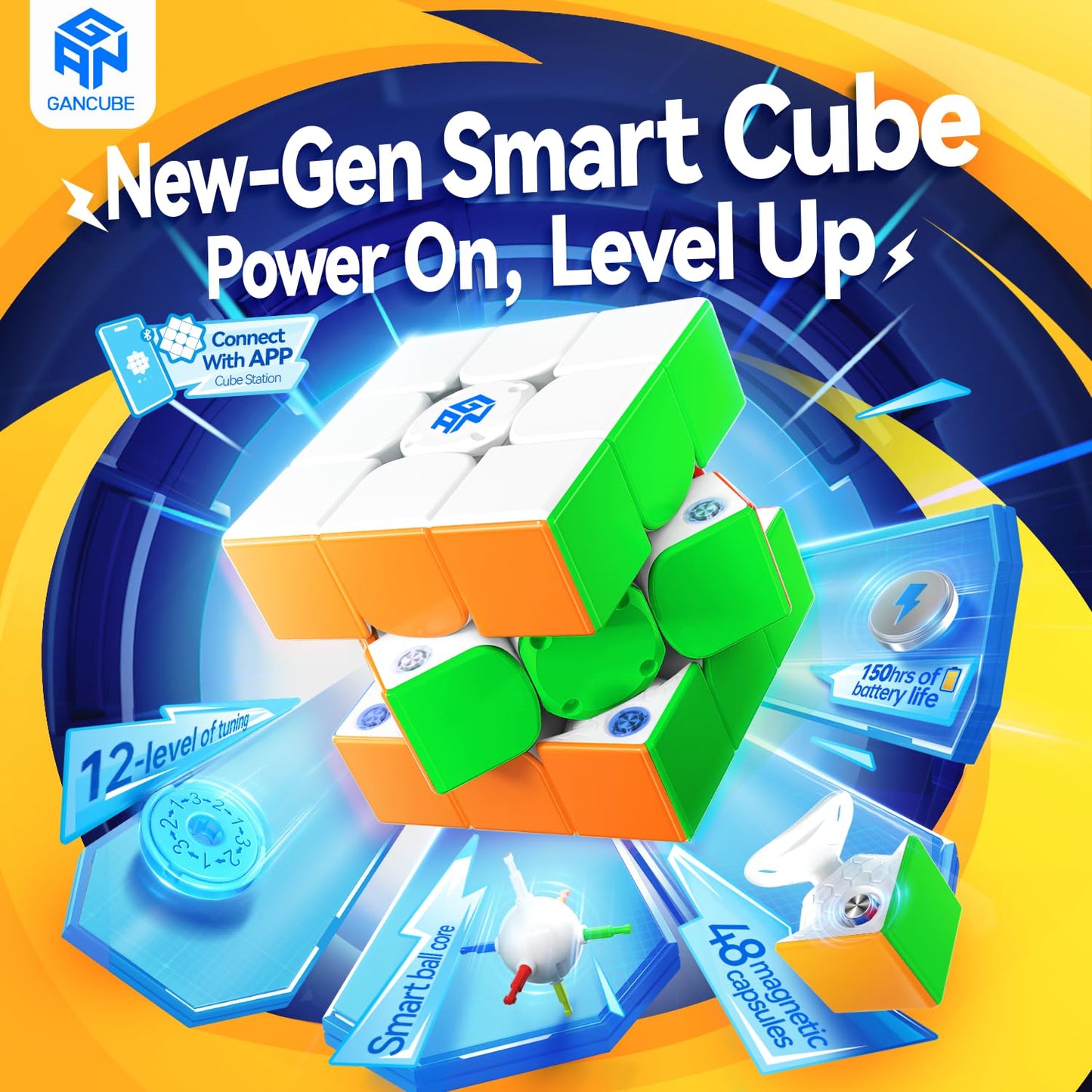 GAN 356 i Carry E, Smart Speed Cube 3x3 Magnetic Connected Electronic Bluetooth Speedcube for Kids Adults Timer Tracking Movement Steps with App Online Competition, Battery Replaceable Frosted Version