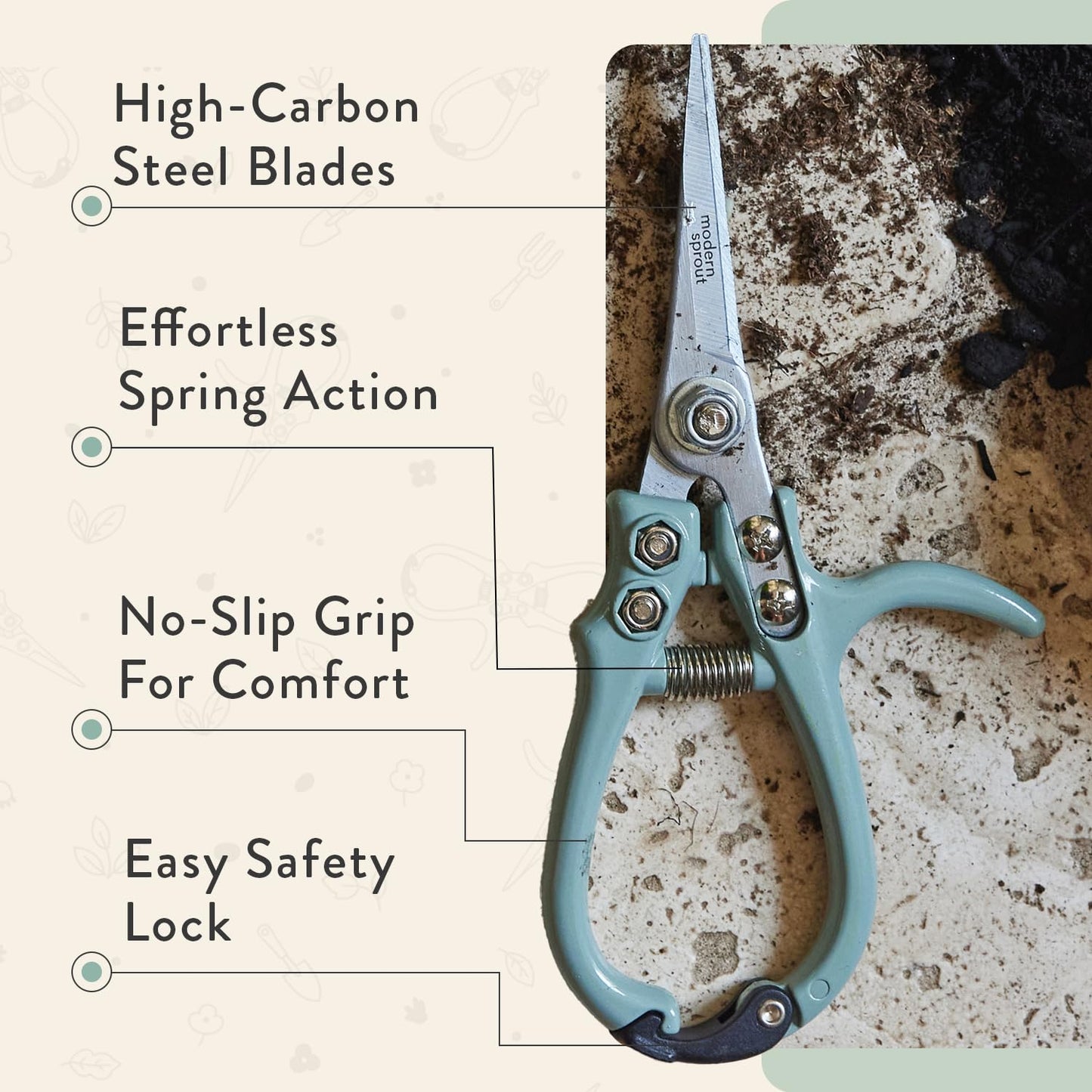 Modern Sprout Pruning Shears, Herb Snipping Scissors, Lightweight Gardening Tools W/Easy Lock, Flower Cutter Garden Shears, Carbon Steel Blade + Reusable Holster (Green, 1-Pack)