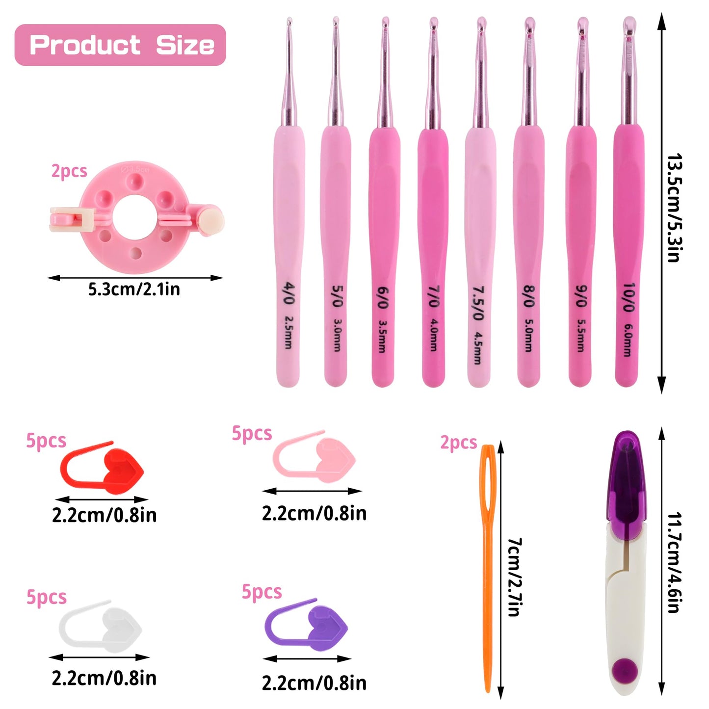 AEXHOT 34PCS Crochet Hooks Set, 8 sizes 2.5-6 mm High-Quality Pink Gradient Aluminum Ergonomic Soft Handle Crochet with Case and Crochet Kit for Beginners Adults for Arthritic Hands Crochet Needle Set
