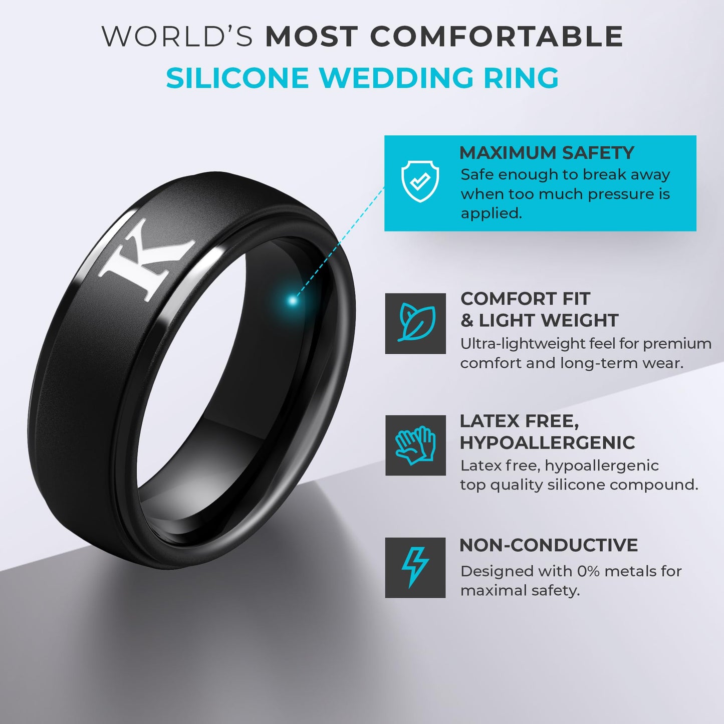 ThunderFit Black Silicone Initial Ring for Him - Personalized One Letter Wedding Rubber Band - Comfortable Fit - Unique Anniversary, Birthday Gifts for Men with Gift Box (K, Size 8.5-9)
