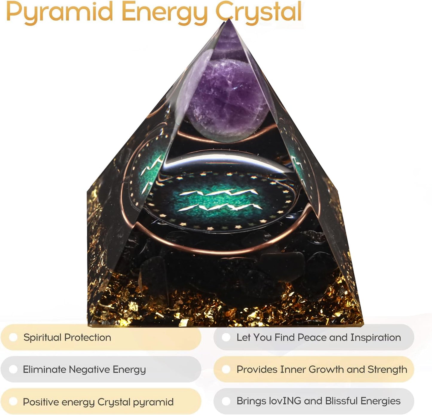 12 Zodiac Orgone Crystal Pyramid, Natural Amethyst with Obsidian,Healing Crystals Pyramid for Protection Chakra, Unique Constellation Pyramid for Positive Energy, Healing Money Health(Aquarius)