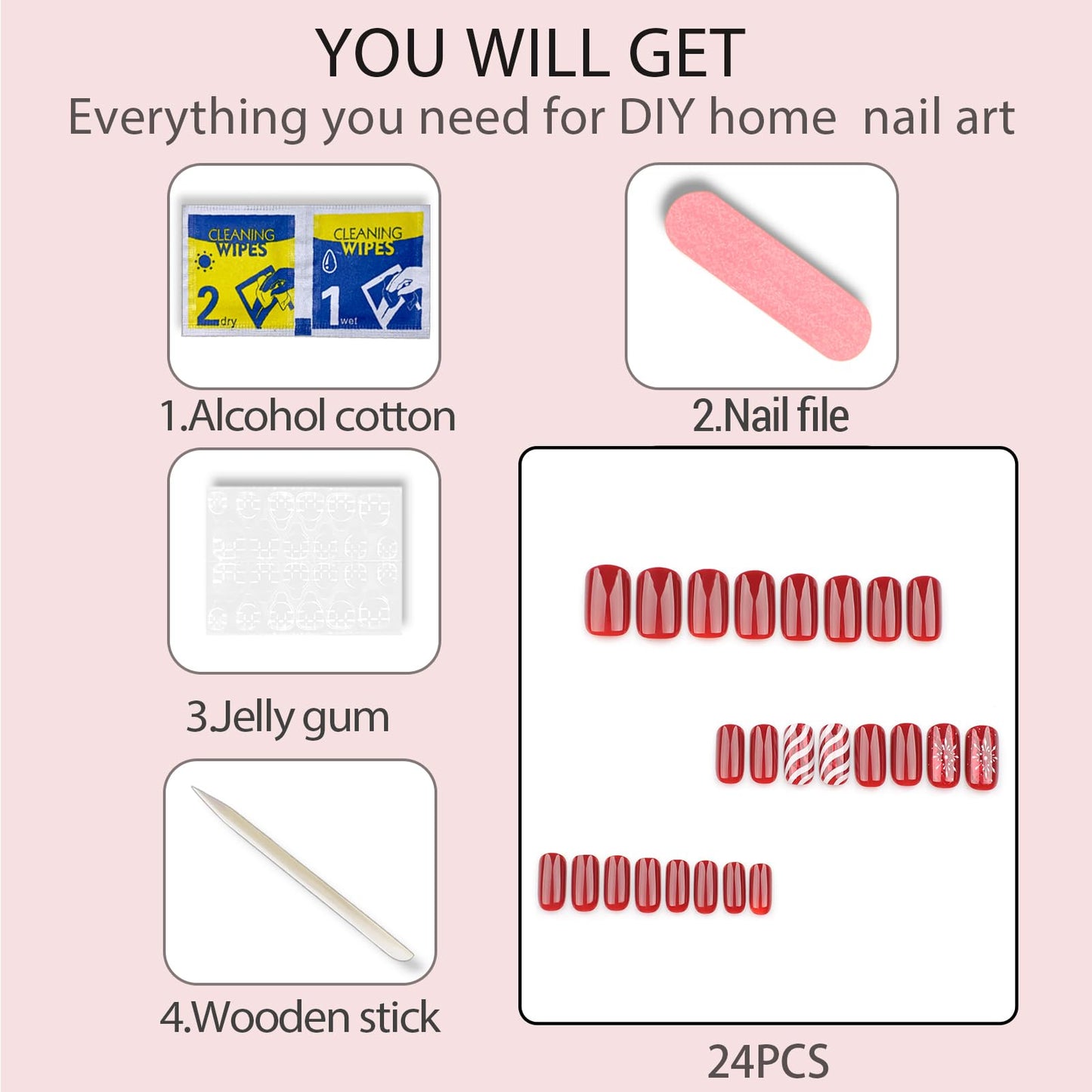Christmas Red Press on Nails Acrylic Nails: Short Square Fake Nails Winter Xmas Press on Nails with Snowflake Design, Glossy False Nails Christmas Glue on nails for Women 24Pcs